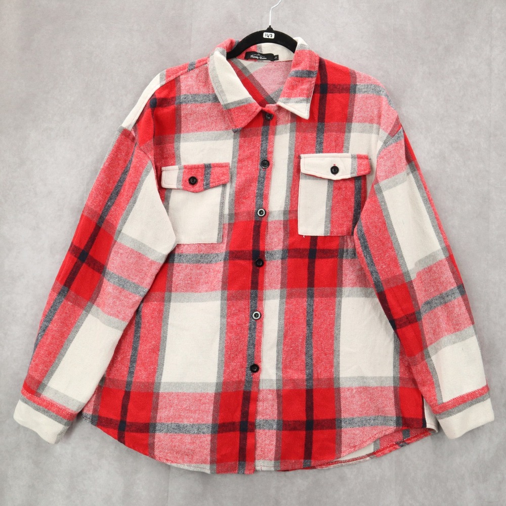 Trendy Queen Red Long Sleeve Plaid Flannel Button Down‎ Pocket Shacket Large